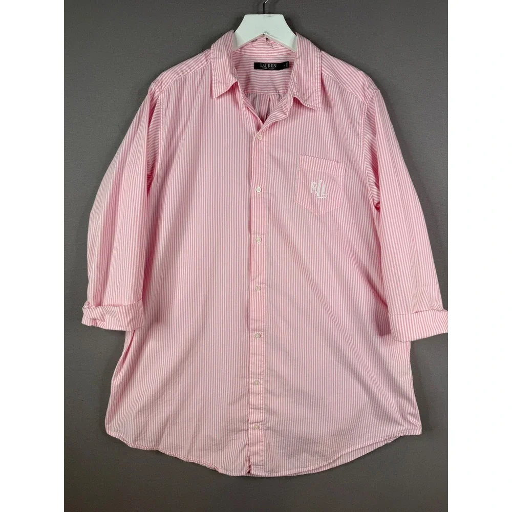 Lauren Ralph Lauren Sleep Shirt Womens L Pink Striped Cotton Poplin Nightshirt